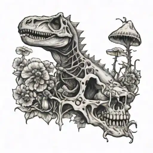 dinosaur bones flowers overgrown vines flowers mushrooms broken tattoo design idea