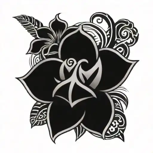half sleeve polinesian style tribal tattoo like Maui from Moana movie, with a colour flower masculine tattoo design idea