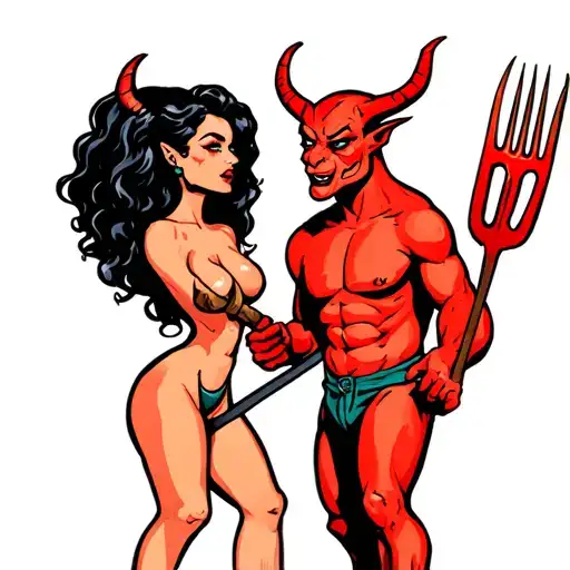 cartoon image of a dom mischievous trans woman devil using her pitchfork to poke chubby infatuated sub male devil tattoo design idea
