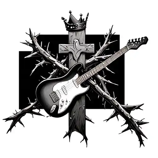 cross with guitar at its feet with a crown of thorns on the cross with the guitar strings as vines of thorns tattoo design idea