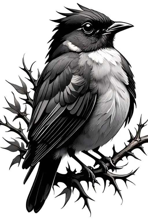 a free flying robin bird with feathers and thorns  tattoo design idea