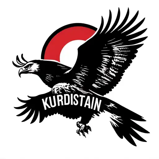 An eagle flying over the Mountains, with the sun from the Kurdistan flag, and the text “KURDISTAN” written in cal tattoo design idea