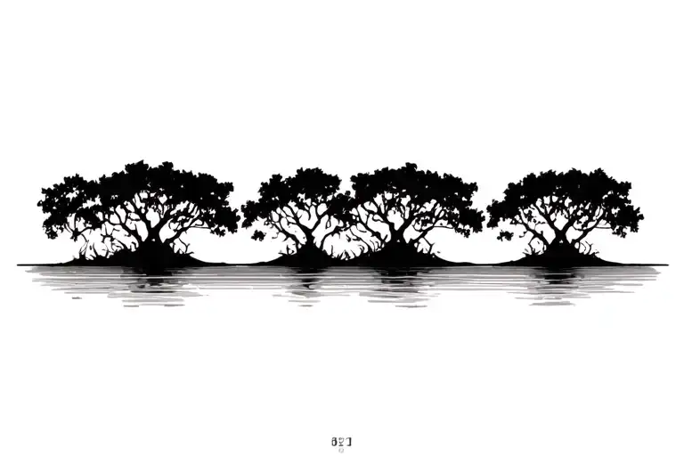 red mangroves in a row, accurate walking roots reaching deep tattoo design idea