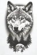 wolf cub, moon, forest, river, adult wolf head tattoo design idea