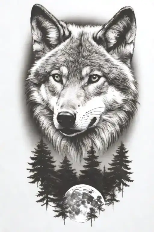 wolf cub, moon, forest, river, adult wolf head tattoo design idea