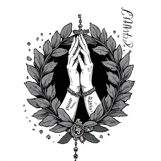 laurel wreath on the shin up around the knee with prayer hands rosary beads and "amor fati" written along it tattoo design idea