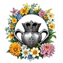 claddagh surrounded by a circle of flowers (daisy, marigold, water lily, chrysanthemum, and narcissus)  tattoo design idea
