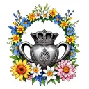 claddagh surrounded by a circle of flowers (daisy, marigold, water lily, chrysanthemum, and narcissus)  tattoo design idea