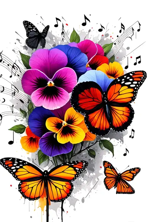 Pansies and Violas surrounded by monarch butterflies and music notes tattoo design idea