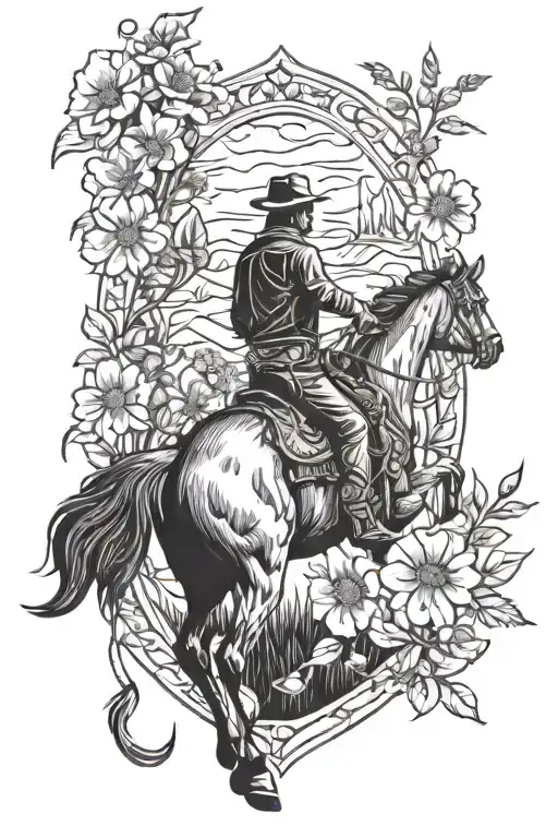 western and skull and cowboy and horse and wildflowers tattoo design idea