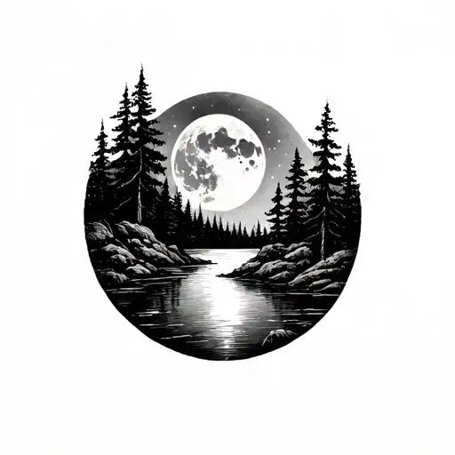 dark forest moon river tattoo design idea