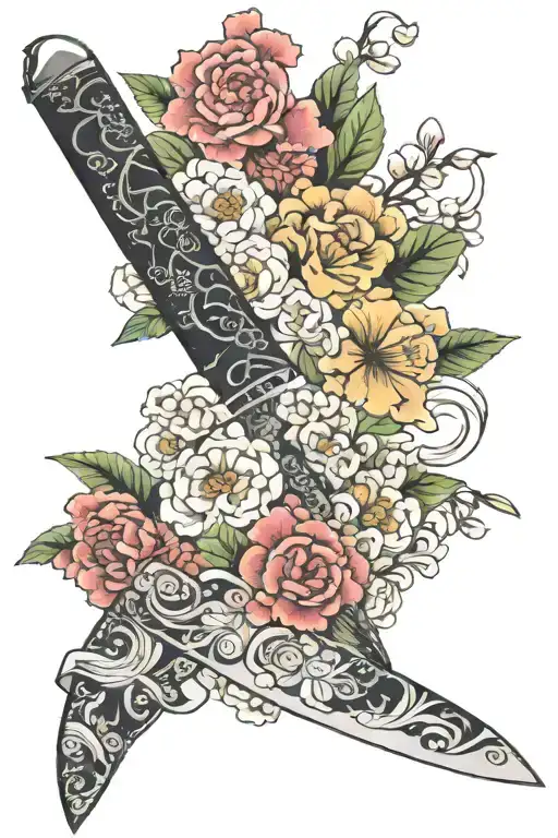 sushi knife / sakure flowers / Japanese theme sleeve tattoo design idea