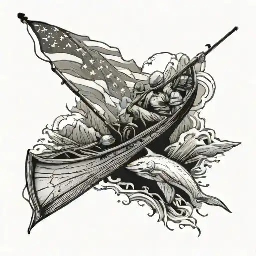 arm sleeve tattoo American flag background with mountains & ocean, center console boat, fishing, guy fishing tattoo design idea