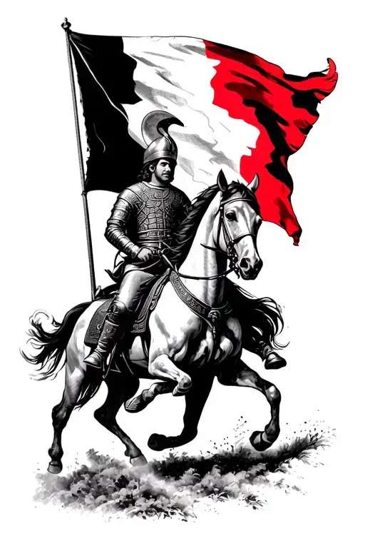 Polish hussar warrior on a horse with Polish flag intertwined tattoo design idea