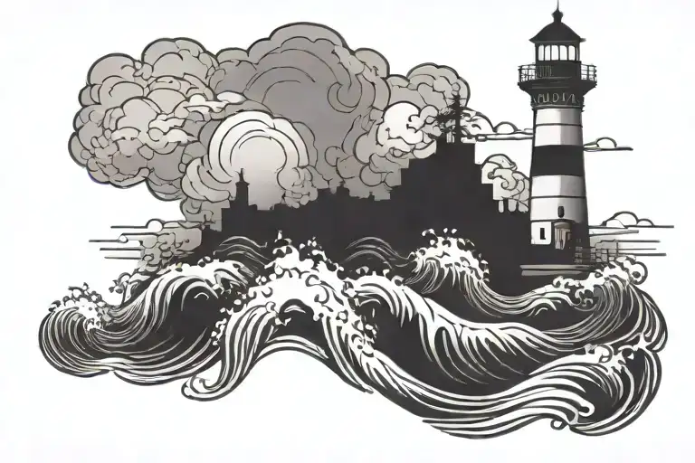 lighthouse illuminated with sea waves and clouds surrounding tattoo design idea