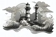 lighthouse illuminated with sea waves and clouds surrounding tattoo design idea
