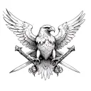  A highly detailed, realistic eagle with outstretched wings, gripping two ornate swords in its talons. Fierce eye tattoo design idea