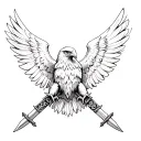  A highly detailed, realistic eagle with outstretched wings, gripping two ornate swords in its talons. Fierce eye tattoo design idea
