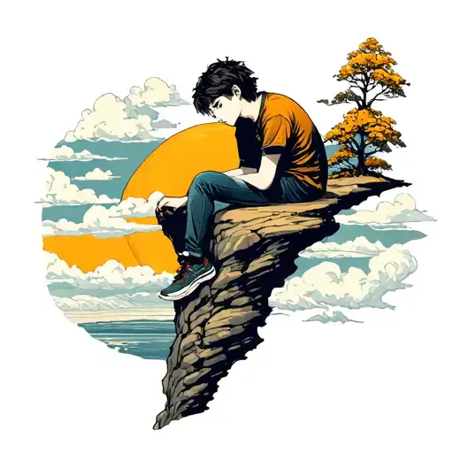 melancholic boy sitting on a cliff and sky sunnshine tattoo design idea