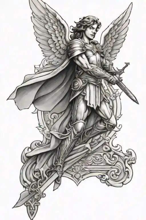 angel with wings, shield and raising a sword tattoo design idea
