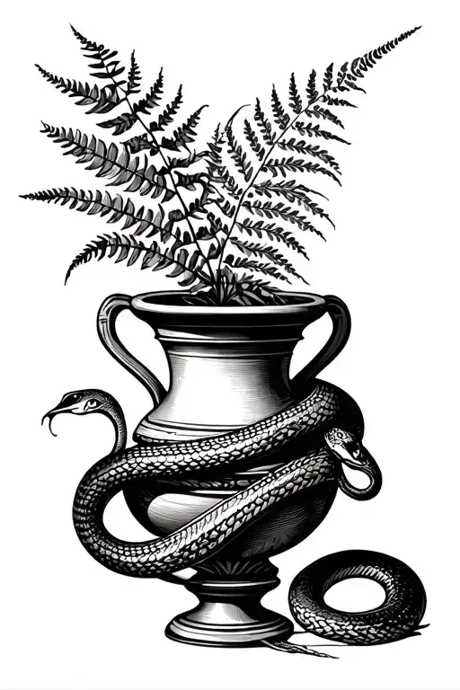 greek vase with fern coming out and snake wrapping tattoo design idea