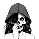 womans face half skull with a hood and finger over lips  tattoo design idea