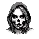 womans face half skull with a hood and finger over lips  tattoo design idea