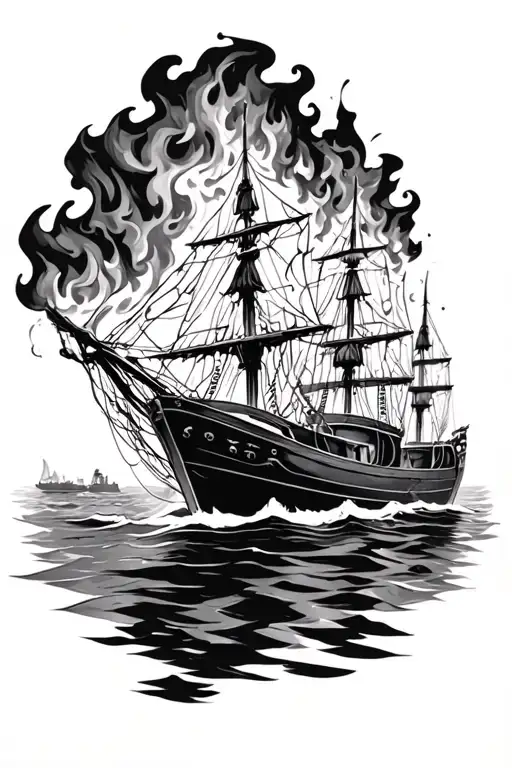 burn the boats boats on fire tattoo design idea