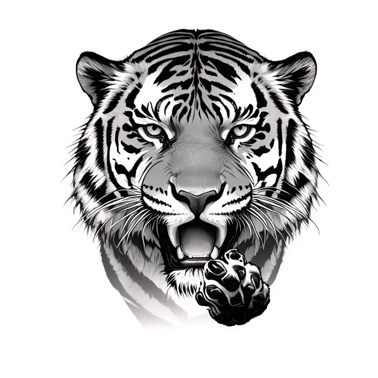 tiger emerging reaching with paw half face tattoo design idea
