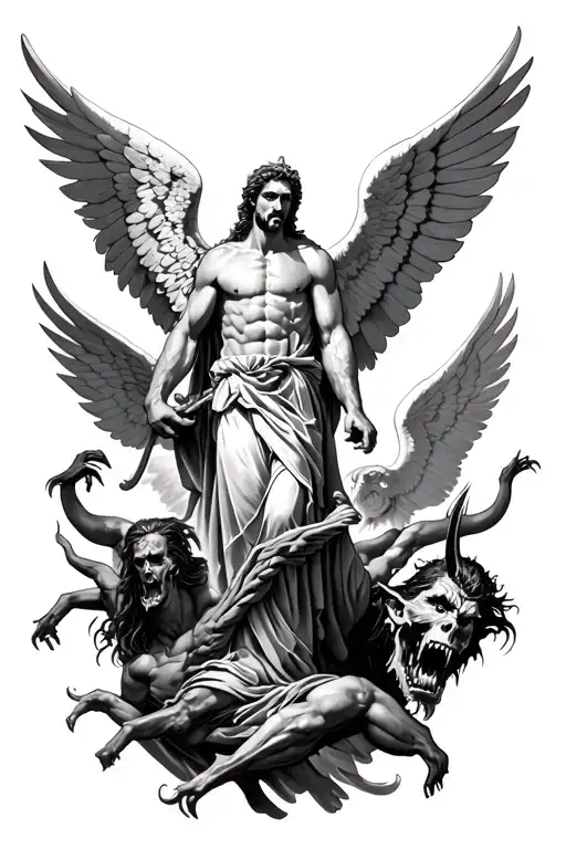 Battle of good vs evil. With Michael the acrchangele at the center on the top of forearm. In background angels and demon tattoo design idea