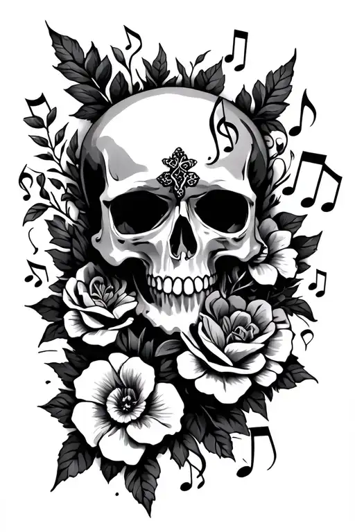 cross and skull and flowers and music note intertwined tattoo design idea