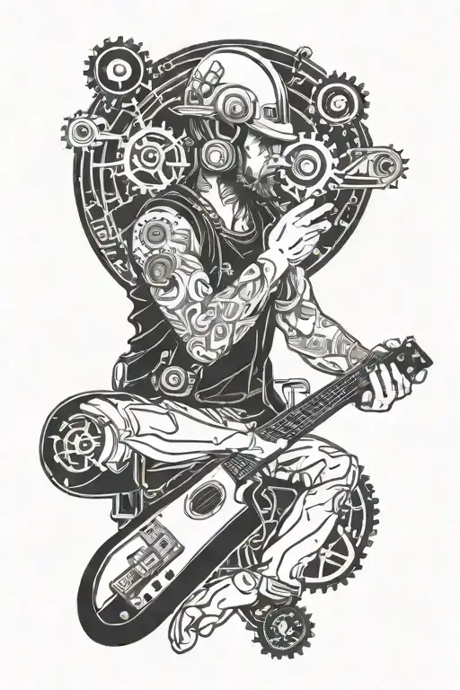 A blackwork tattoo of a mechanic working on a guitar, with gears and wrenches incorporated into the design tattoo design idea