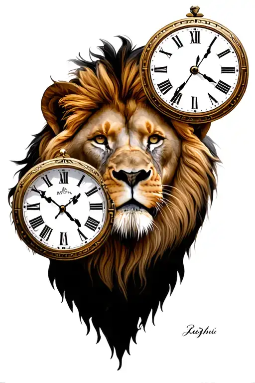 lion and three clocks underneath tattoo design idea
