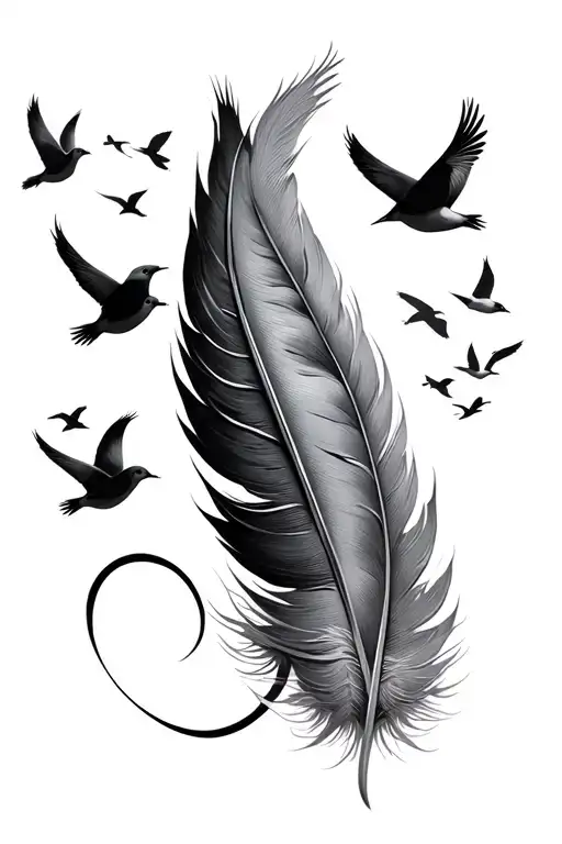 Create a tattoo design featuring a detailed feather intertwined with an infinity symbol and a flock of birds. tattoo design idea