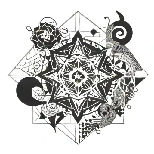 A geometric design incorporating musical notes and symbols intertwined with spiritual elements such as mandalas or sacred geometry tattoo design idea
