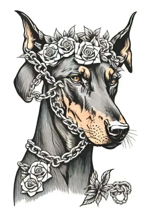 Doberman head with flowers and chains surrounded by thorns tattoo design idea