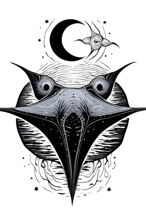 boho earthy manta ray with abstract lines with sun and moon tattoo design idea