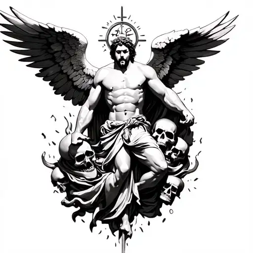 saint michael archangel fight with skulls around tattoo design idea