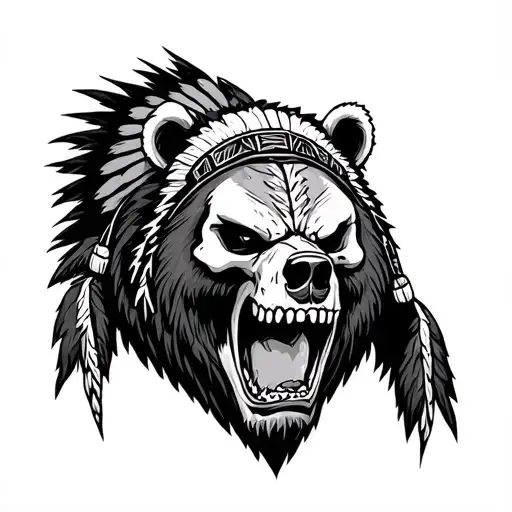 angry bear with a native american skull above it tattoo design idea