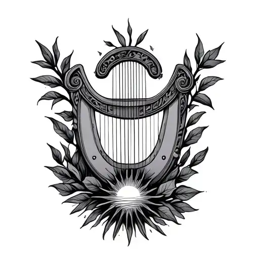 line art greek era harp that has leaves on it and a sun underneath it connected tattoo design idea