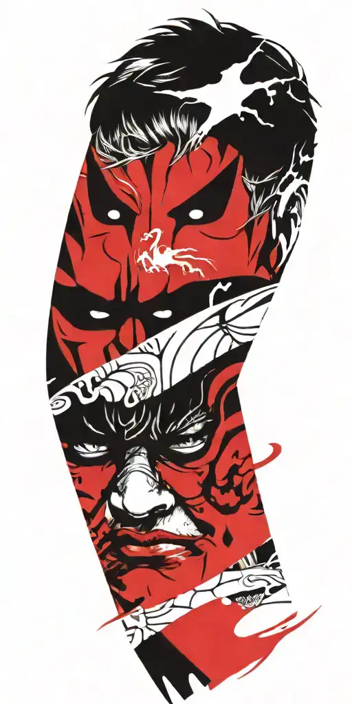 man wearing oni half mask fighting off inner demons  tattoo design idea