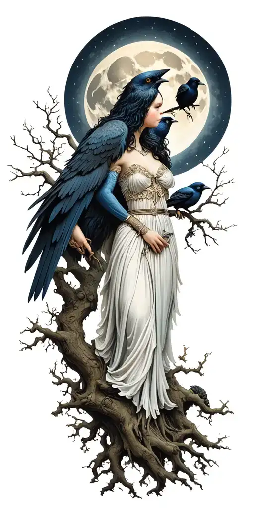 the morrigan Irish goddess with crows an old oak tree growing and bright moonlight tattoo design idea