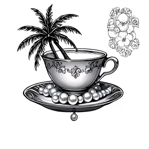stamp, palm tree, locket, pearls, teacup tattoo design idea
