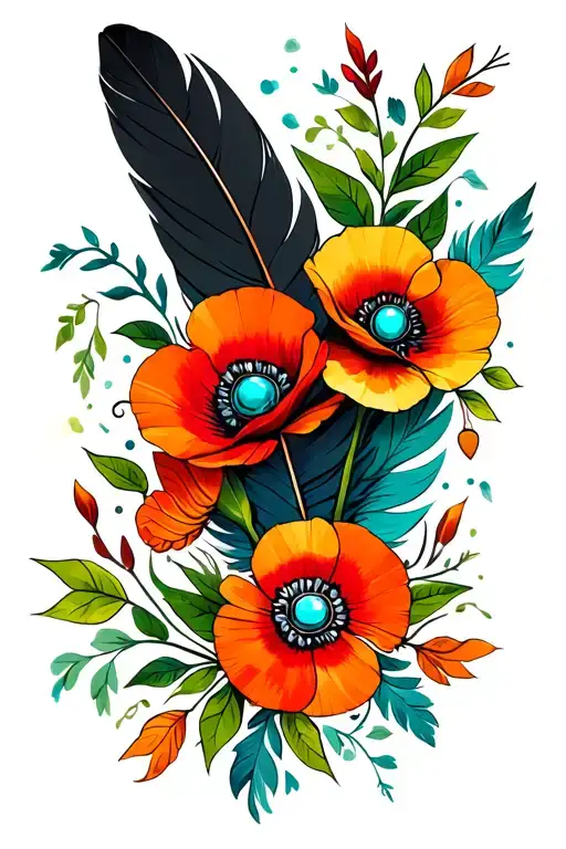 black and colorful feathers, green leaves and vines, poppy flowers, fall flowers,  turquoise western jewelry and arrow tattoo design idea