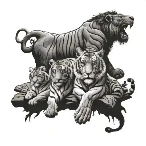 a tiger a lion and an elephant and a giant King Kong watching over these animals but they are all family in hindu world tattoo design idea