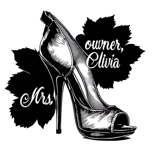 sexy high heel with text "owner: Mrs. Oliwia" tattoo design idea