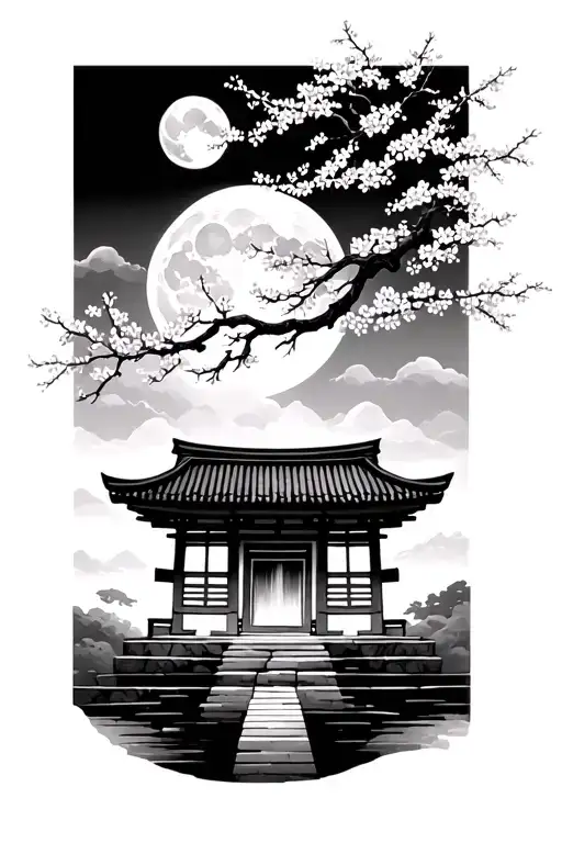 Japanese shrine with cherry blossom tree and moon in background  tattoo design idea