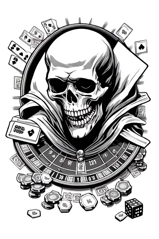 a skull in a robe, in the back a roulette table, on the left side cards with a flash layout, on the right chips are scattered, at the bottom dice and a dollar tattoo design idea