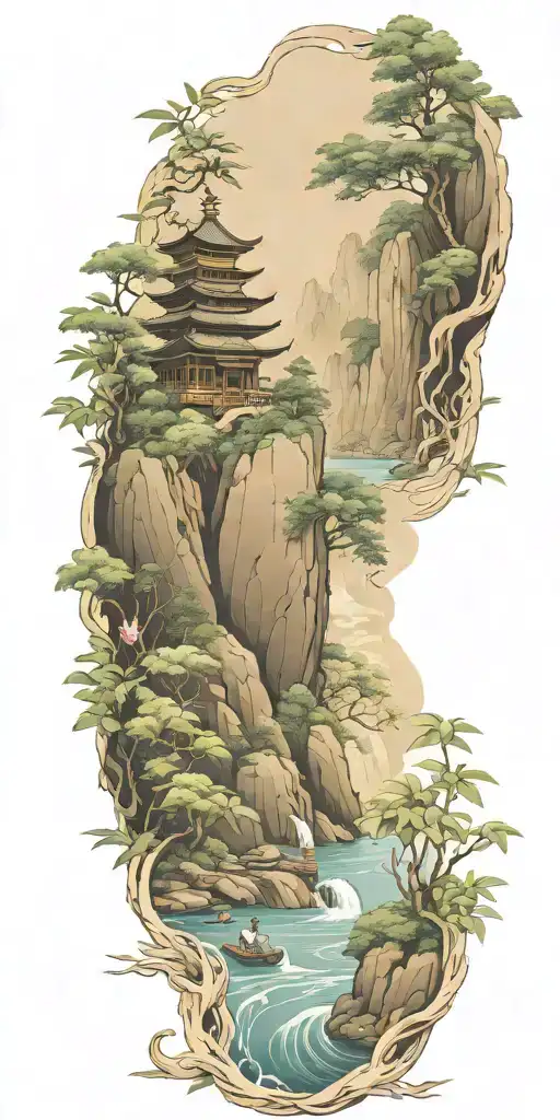 buddhist inpired tattoo focusing on scenary of nature, bamboo, water, and with lotus, koi fish, and small budda tattoo design idea