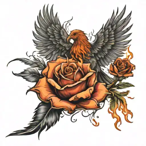 burning rose giving life to a phoenix rising from the ashes tattoo design idea